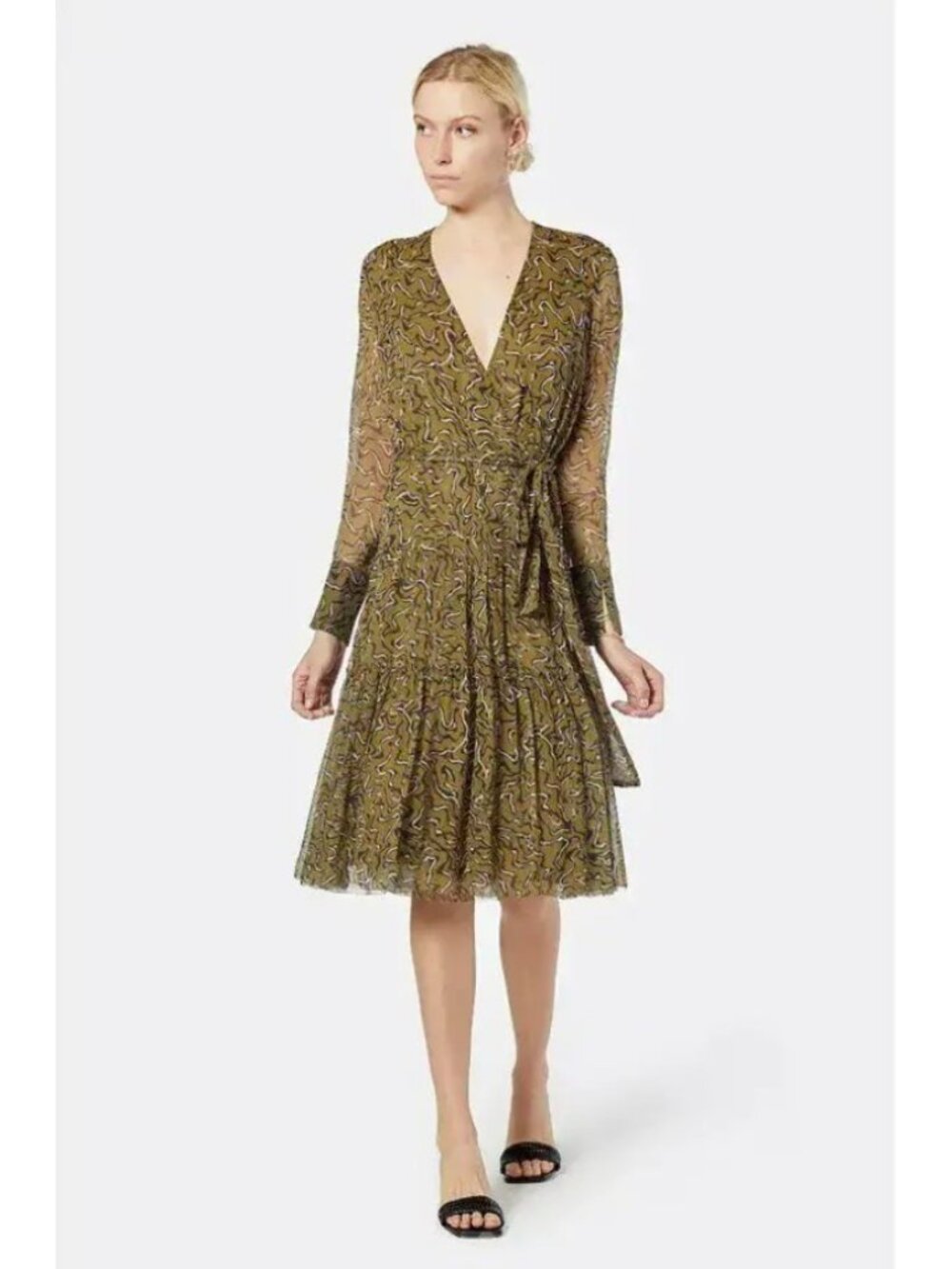 Joie Dante Silk Olive Green Printed Wrap Midi Dress Long Sleeve Women’s Small